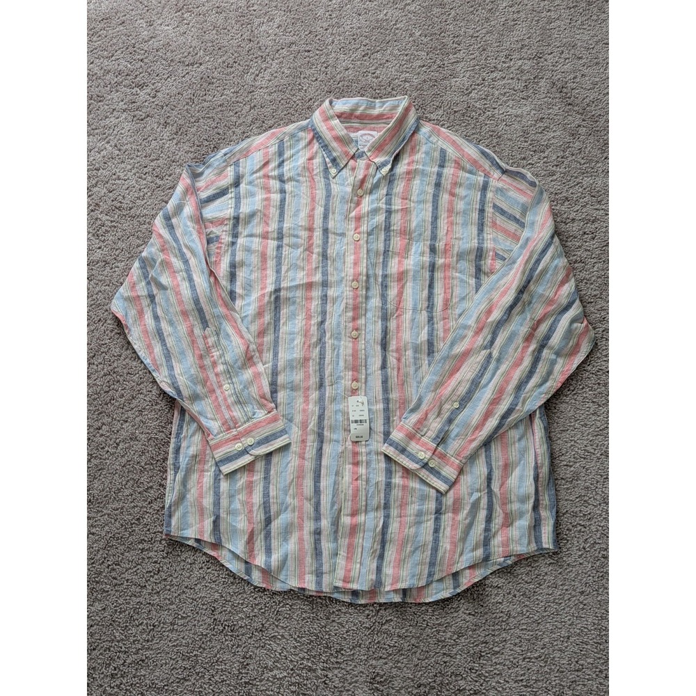 Brooks Brothers 346 Original Polo Linen Button Down Men Large Pastel Striped NWT